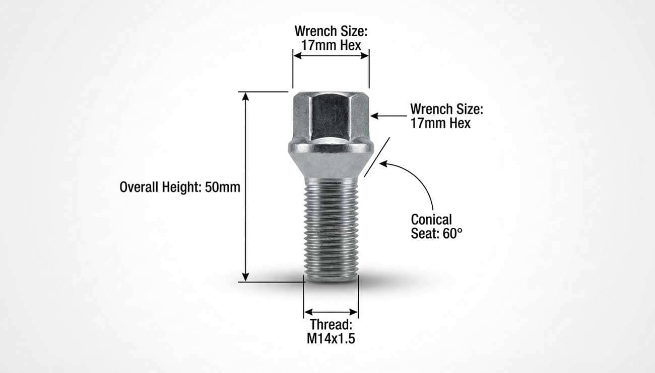 Detailed nut specifications showing dimensions, thread pitch, wrench size, height, and conical profile for wheel fasteners