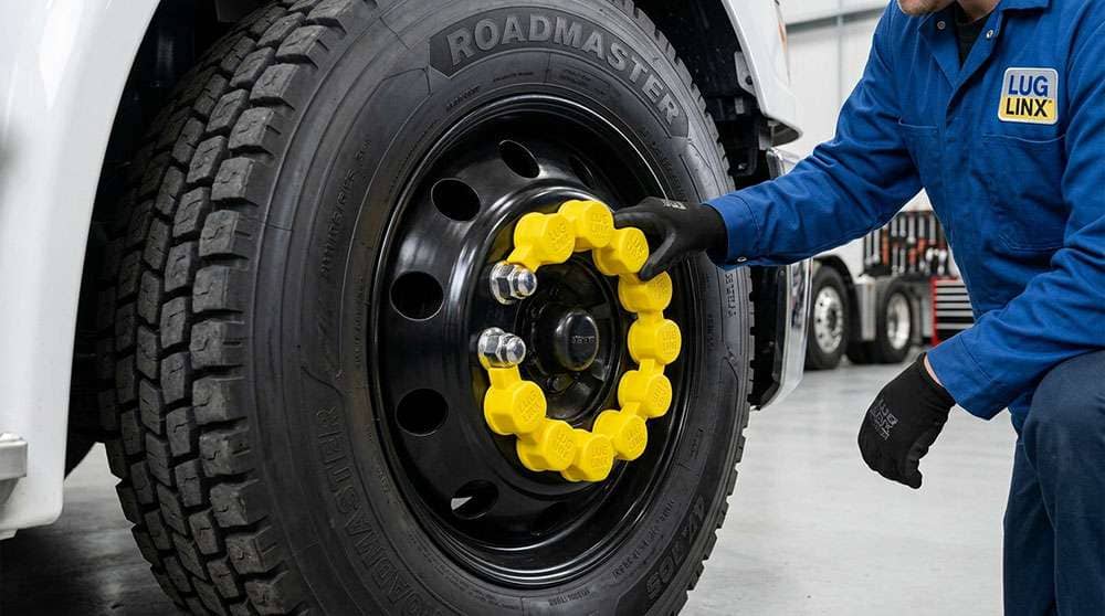 Person installing yellow LUG LINX wheel safety devices on a large vehicle's lug nuts to prevent loosening.