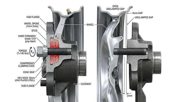 cutaway diagram showing lug nut clamp load pressing a wheel flat against the hub face and the open gap left by a missing nut