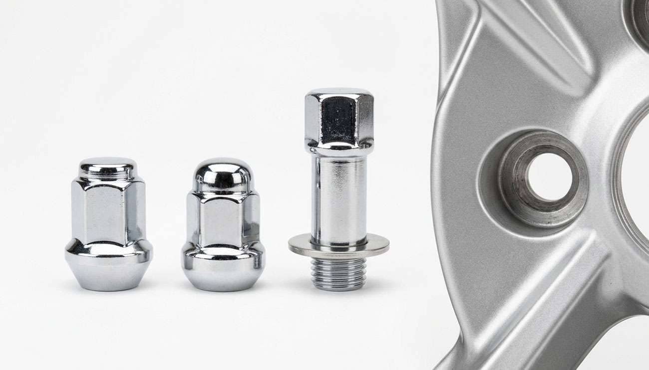 Three lug nuts with conical, ball, and mag seat profiles lined up beside an alloy wheel lug hole showing the different contact shapes