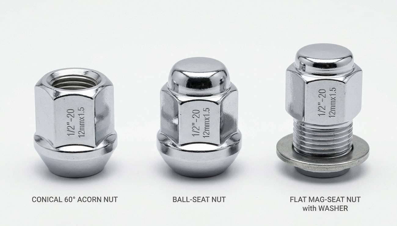 Conical, ball, and mag seat lug nuts arranged side by side for comparison on a white studio backdrop