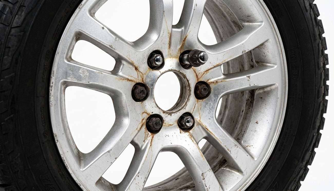 close-up of a car wheel with one lug nut visibly backed out and standing proud of the others on the wheel face