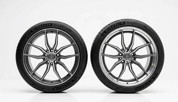 Luxury sedan rim shown with staggered fitment measurements on a white studio backdrop