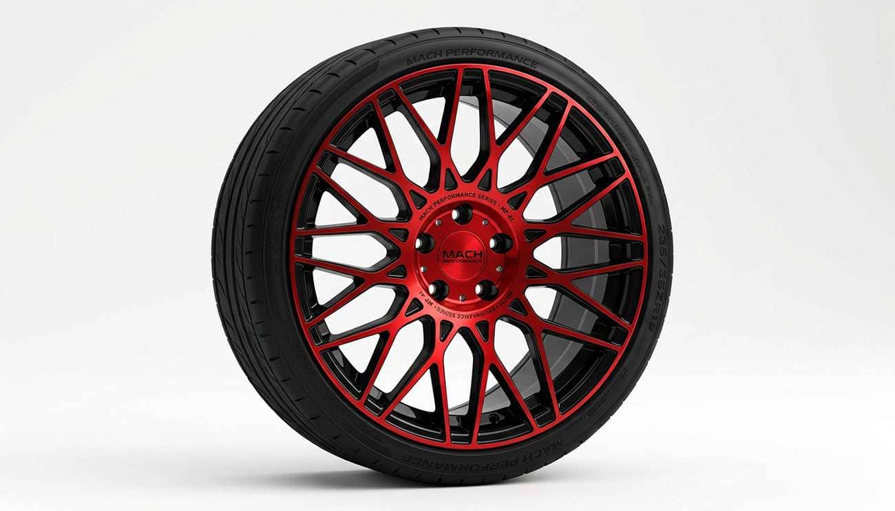 Mach MP.41 Performance series wheel in gloss black with red machined face shown at an angle