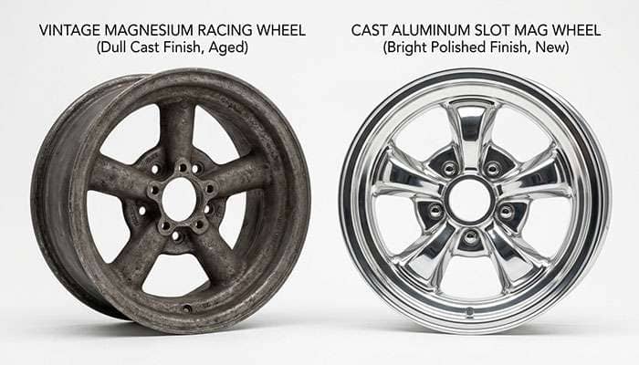 Comparison of a magnesium racing wheel and a cast aluminum slot mag wheel