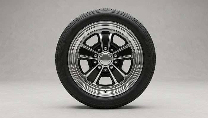 Side view detail of Magnum 500 wheel showing chrome rim and semi-gloss black slot construction