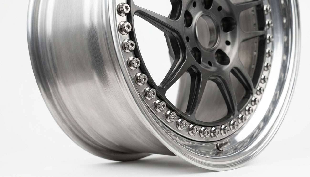Close-up of a 3-piece wheel showing the perimeter ring of assembly bolts joining the barrel halves to the center disc