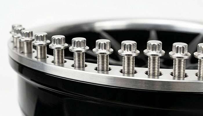 The perimeter assembly hardware on a 3-piece wheel showing the fasteners that need protection from corrosion