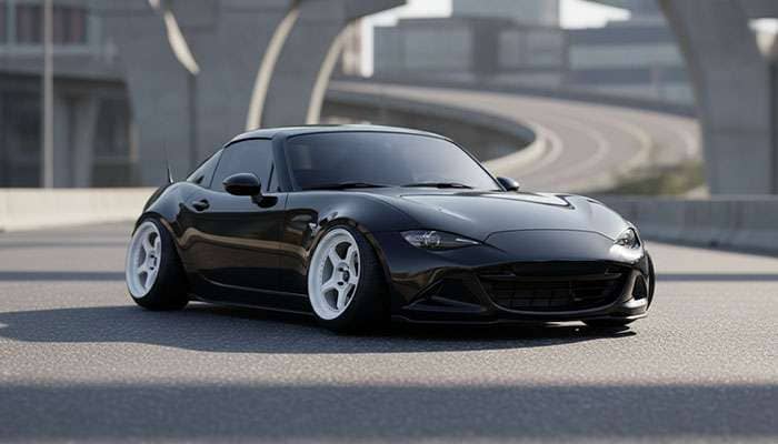 Black Mazda MX-5 Miata with wide white wheels and lowered stance featured in a fitment guide