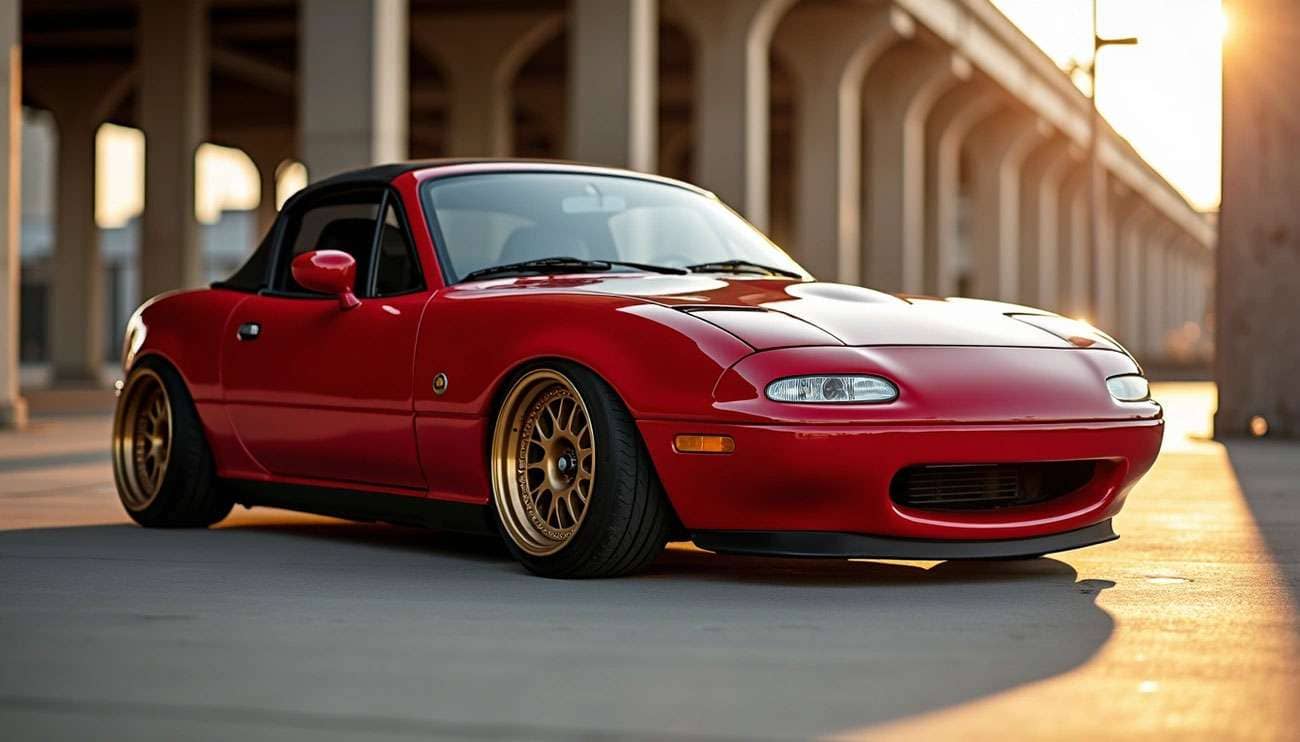 Red Mazda MX-5 Miata with gold aftermarket wheels parked under a bridge during sunset