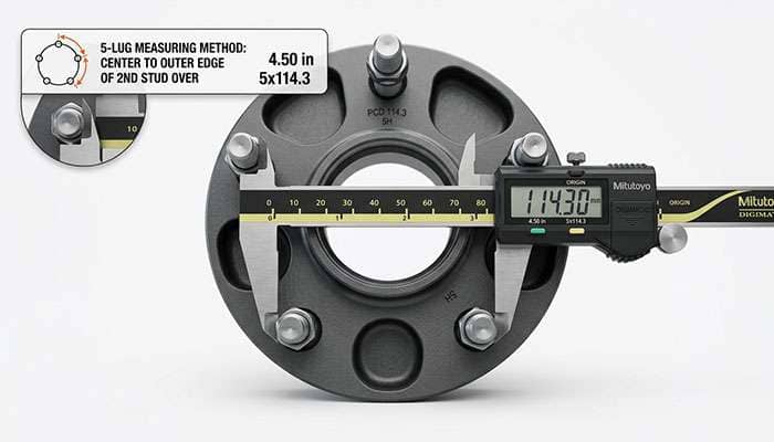 Measuring a five-lug bolt pattern with digital calipers from one stud to the outer edge of the stud two positions away, on a clean white studio backdrop