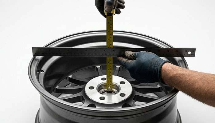 Technician measuring wheel backspacing with a straightedge and tape measure before placing a custom wheel order