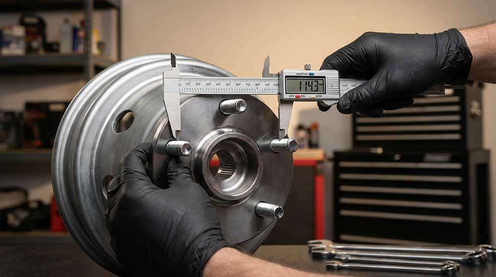 Hands using measuring tape and calipers to measure wheel bolt pattern on vehicle hub