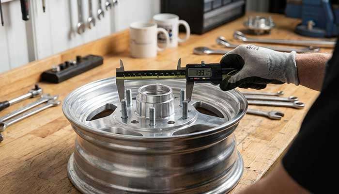 Person demonstrating how to measure a wheel bolt pattern using a metal wheel hub and rim on a wooden workbench