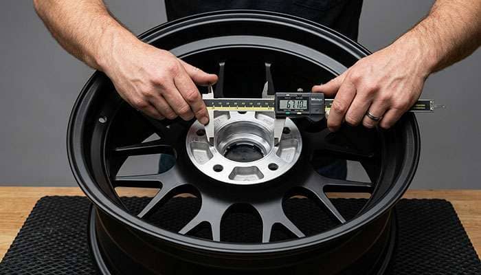 Mechanic using a caliper to measure the center bore diameter of an aluminum aftermarket wheel for hub-centric ring sizing