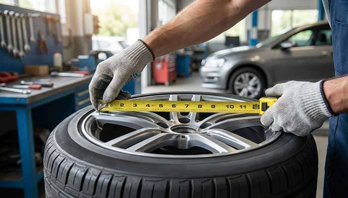 Person measures width of car wheel rim using tape measure for wheel fitment guidance
