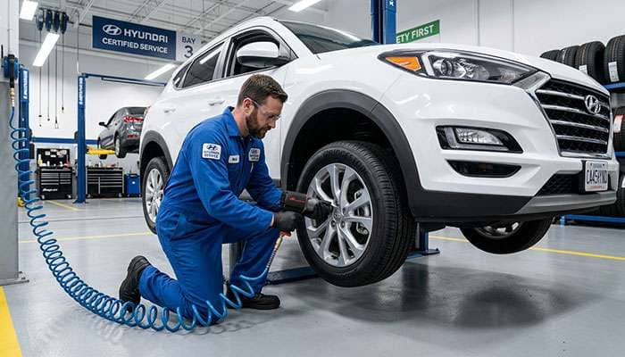 Mechanic in overalls and gloves changing a tire on a white Hyundai vehicle in a service garage