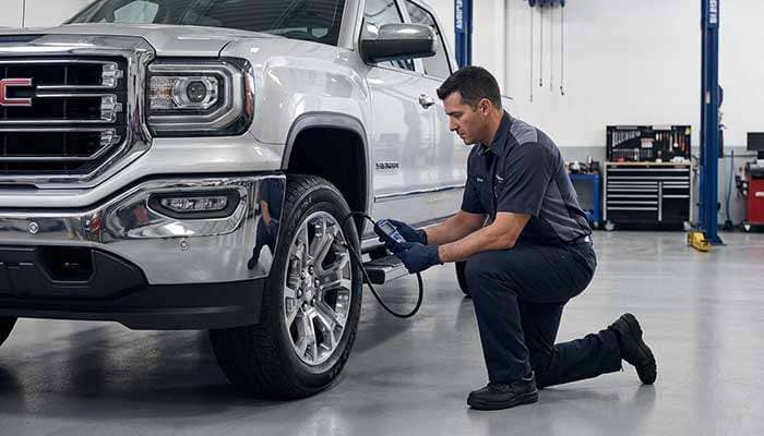 A mechanic in gloves checks the tire pressure of a GMC vehicle using a pressure gage