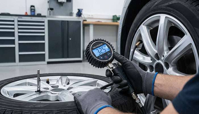 A mechanic checking tire pressure and tread depth for proper tire care and maintenance