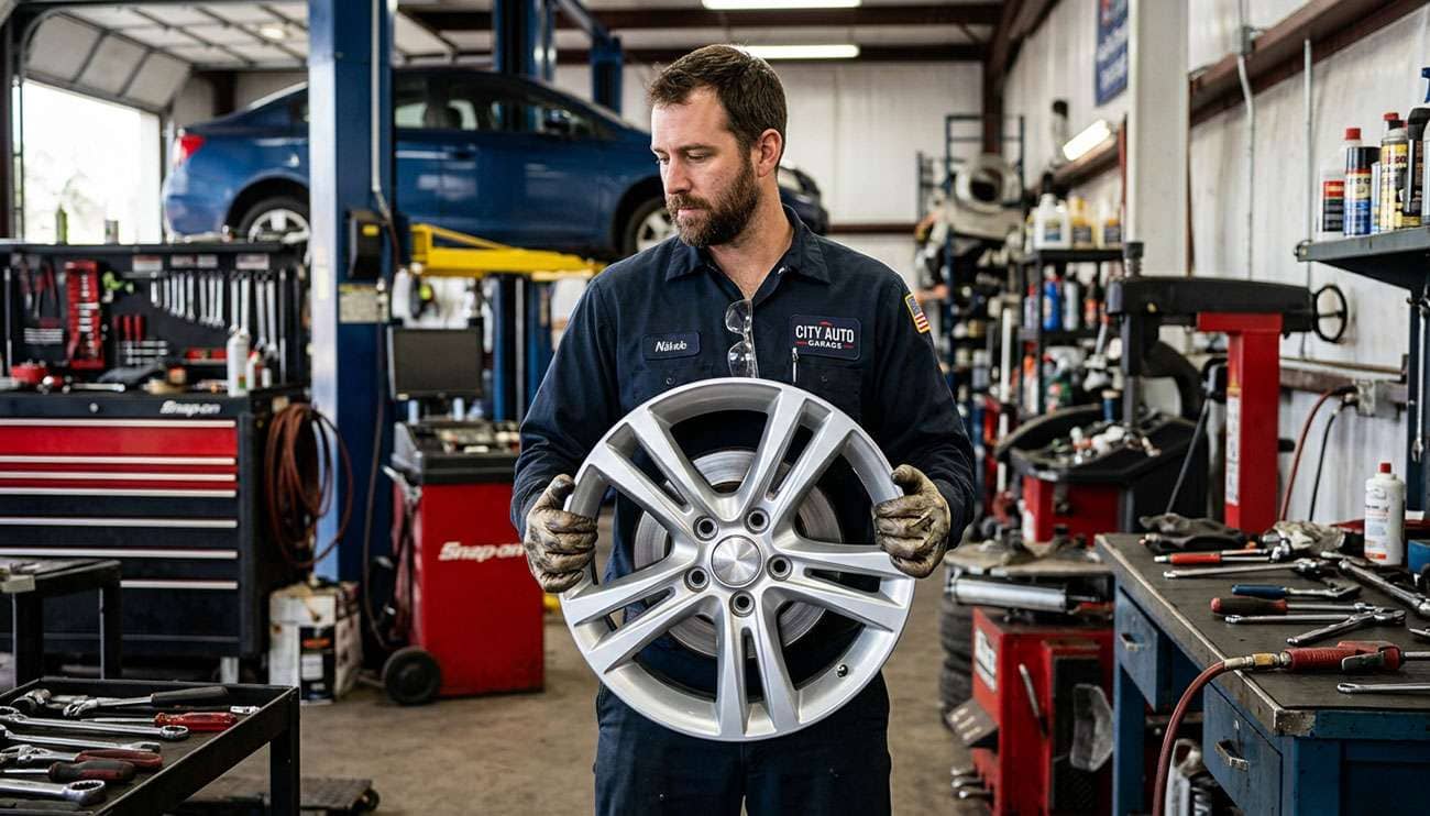 Mechanic wearing gloves holding a silver five-lug wheel rim in an auto repair shop with tools in the background.