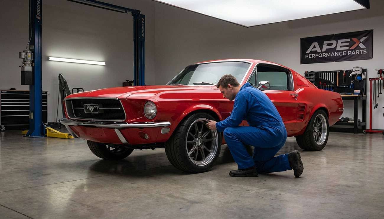 Mechanic working near a red Ford Mustang with aftermarket tires and wheels in a garage setting
