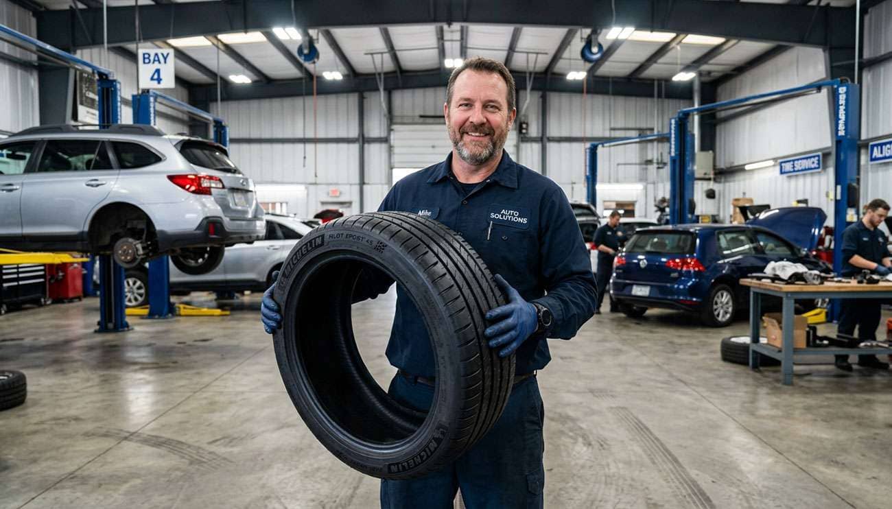 Mechanic wearing gloves holding a new tire in a bright auto repair shop with cars in the background.