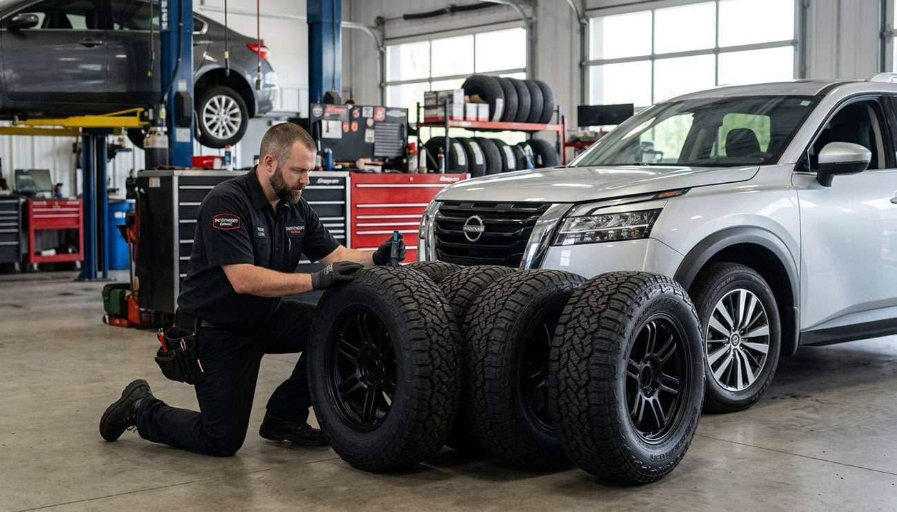 Mechanic inspecting a lineup of aftermarket tires in a garage next to a silver Nissan Pathfinder SUV.