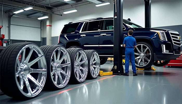 Mechanic in blue uniform inspecting a lifted SUV with four large chrome wheels lined up in a garage