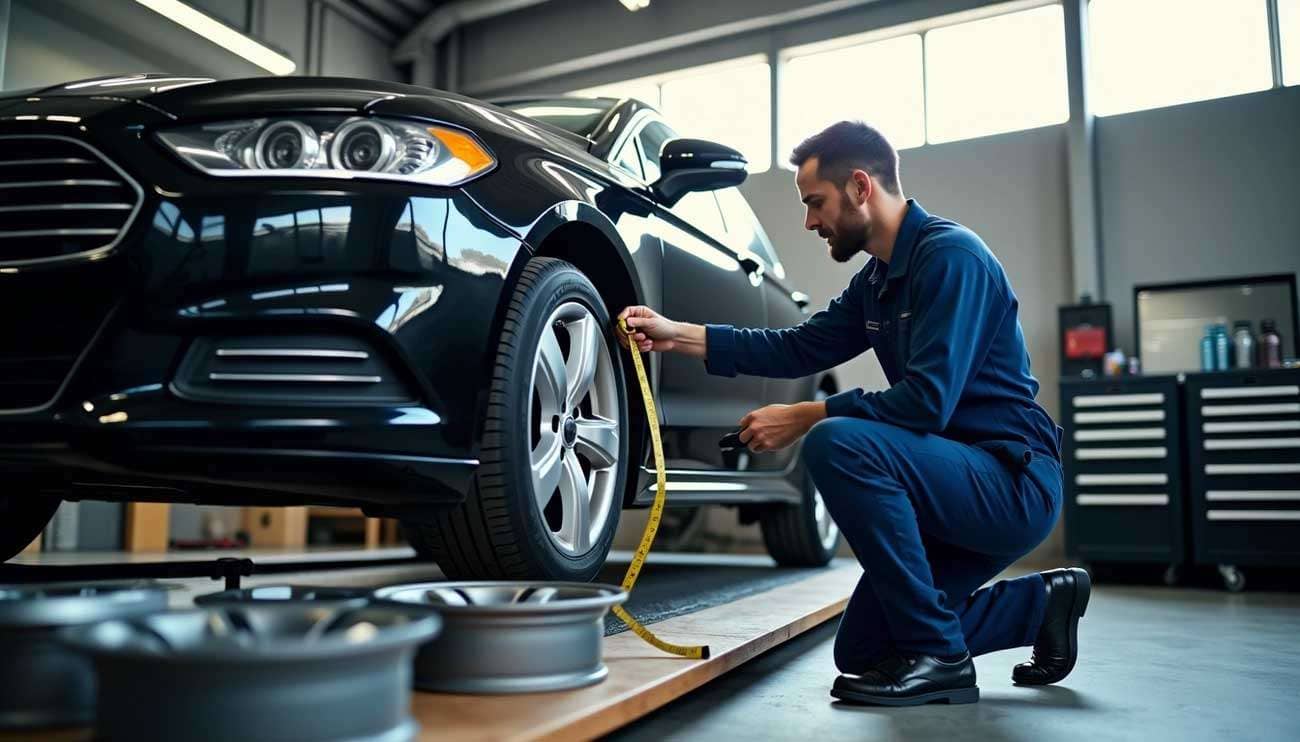 Mechanic in blue uniform measuring a car tire with a tape measure in a garage with rims on the floor