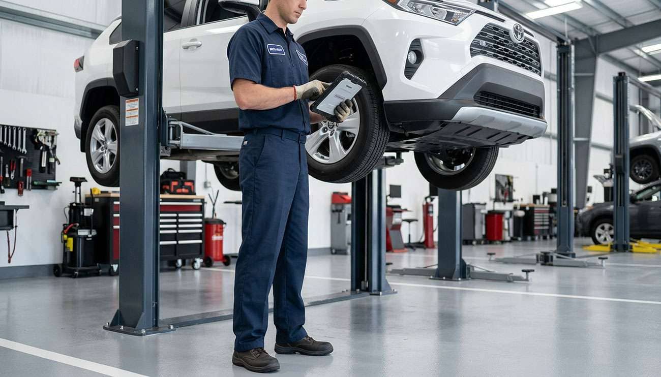Mechanic reviewing scheduled vehicle maintenance inspection list on tablet in automotive service bay