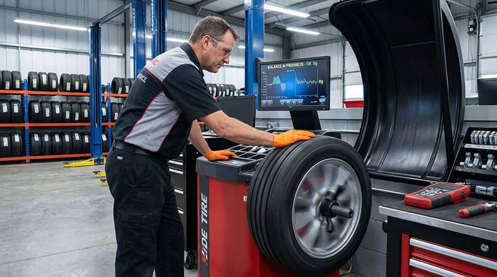 Mechanic adjusting a tire on a balancing machine in an auto repair shop