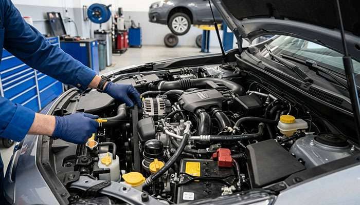 Mechanic inspecting engine bay belts hoses and fluids under car hood during scheduled service
