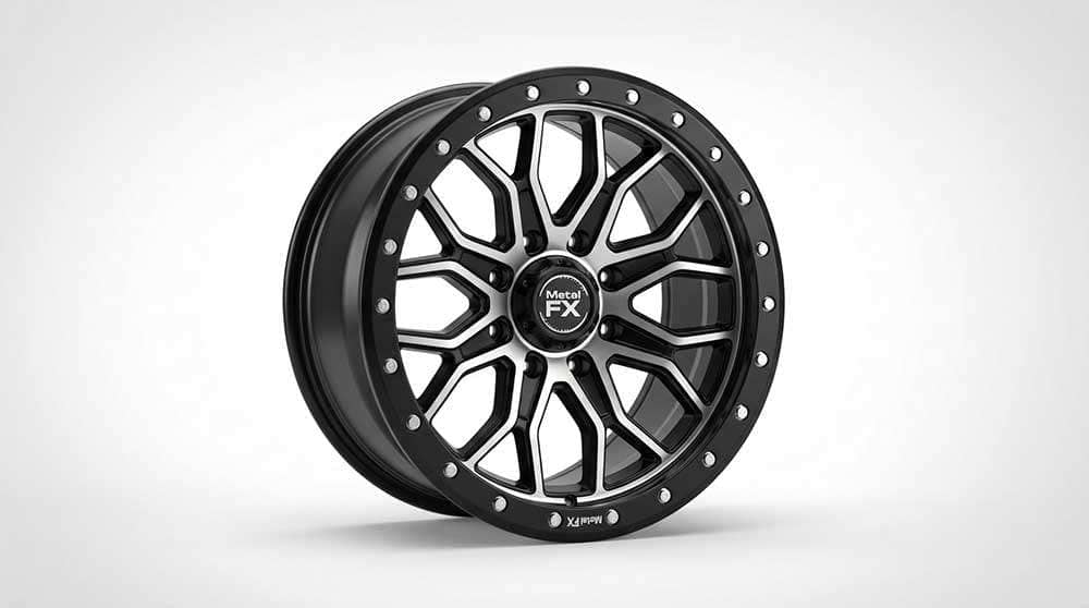 Metal FX Off-Road Delta cast beadlock wheel with a black and silver multi-spoke design and bolted outer ring