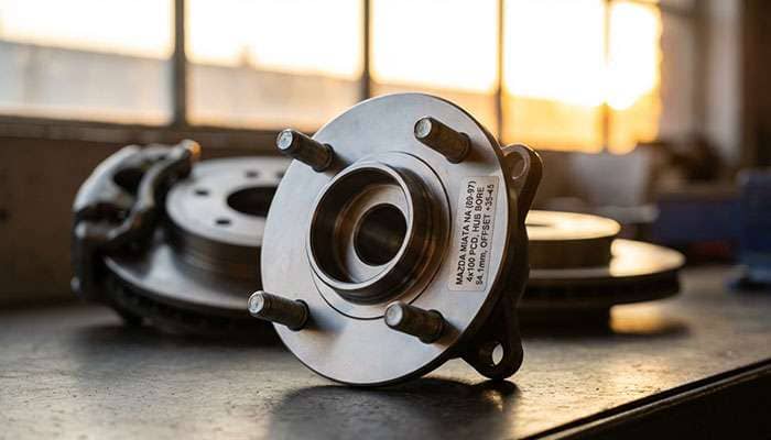 NA Mazda Miata wheel fitment guide showing bolt pattern, front and rear wheel sizes, widths, and offsets over a sunset background