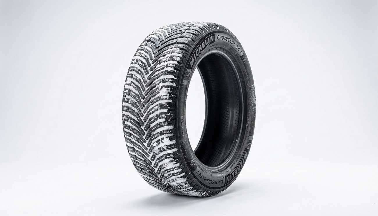 Close-up of a Michelin CrossClimate 2 tire on a snowy road showcasing tread with snow packed in grooves