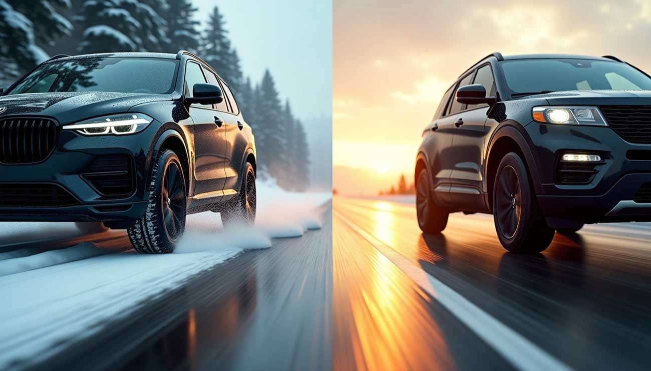 Two black SUVs driving side-by-side on snowy and wet roads, highlighting Michelin CrossClimate 2 and Defender 2 tires