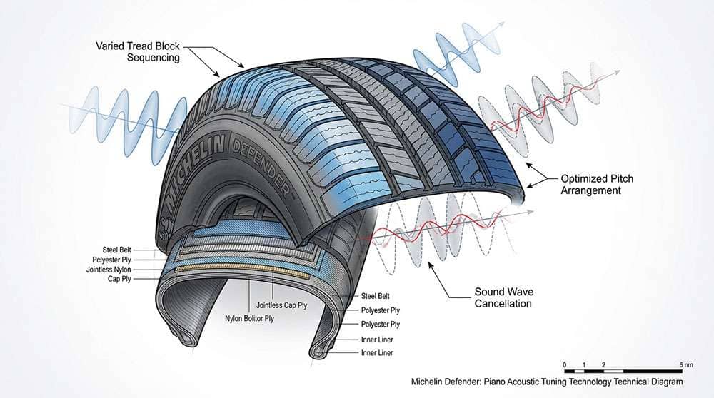 Michelin Defender tire showcasing Piano Acoustic Tuning technology for quieter performance on the road.
