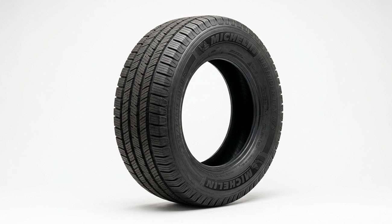 Michelin Defender LTX M/S all-season light truck tire shown at a 45 degree angle