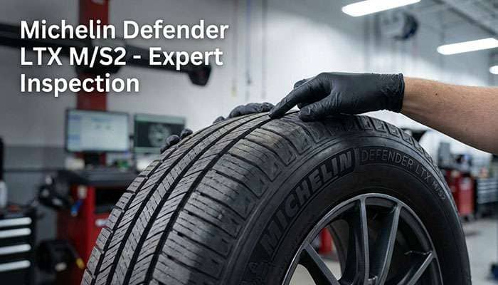 Close-up of hands inspecting the tread of a Michelin Defender LTX M/S2 tire with text overlay about the tire model.