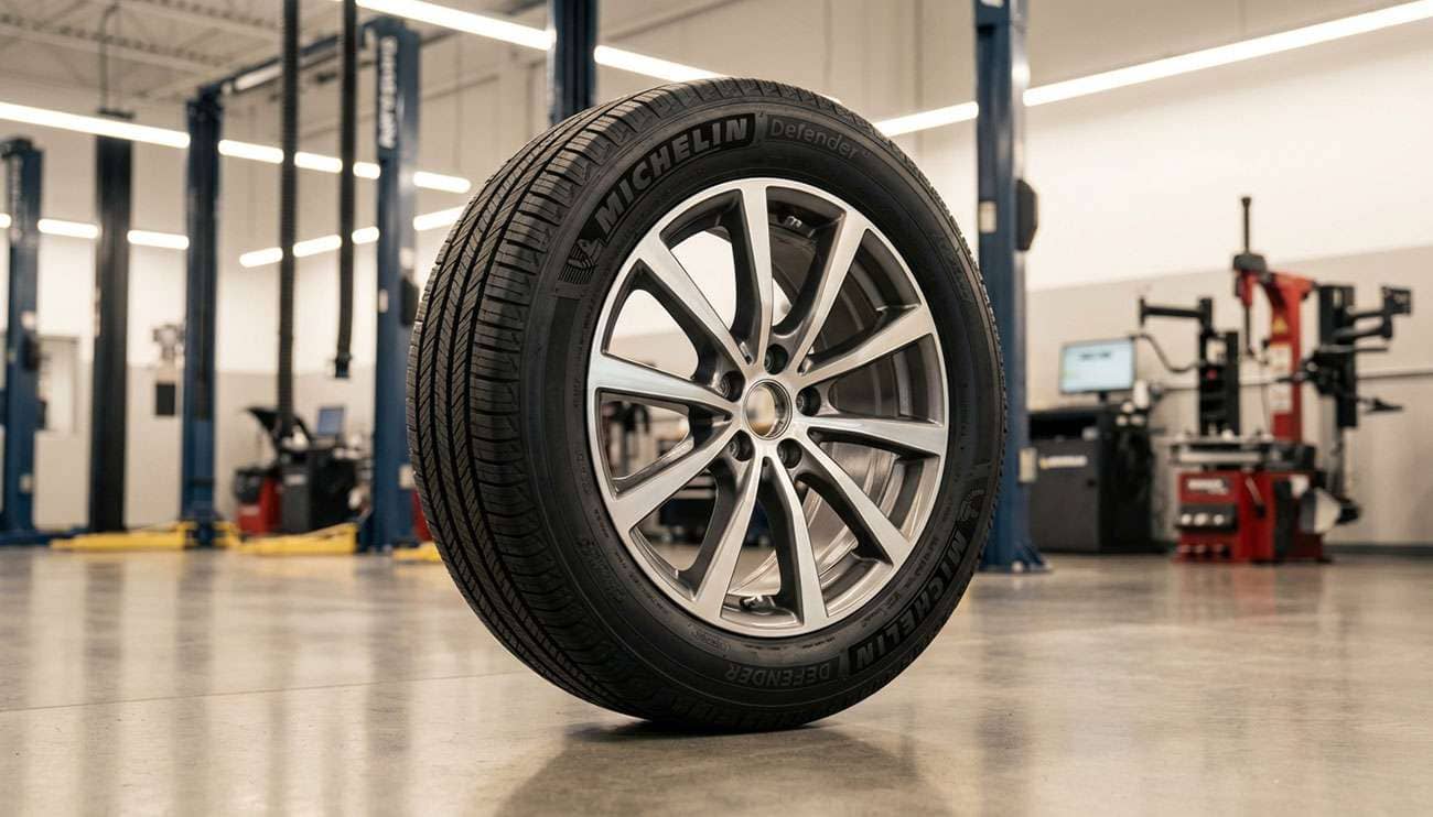 Close-up of a Michelin Defender tire mounted on a vehicle in a clean automotive garage setting.