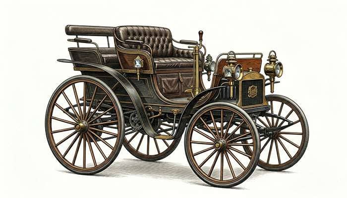 Vintage illustration of the Michelin brothers 1895 L Eclair race car with the first pneumatic automobile tires on a clean white surface