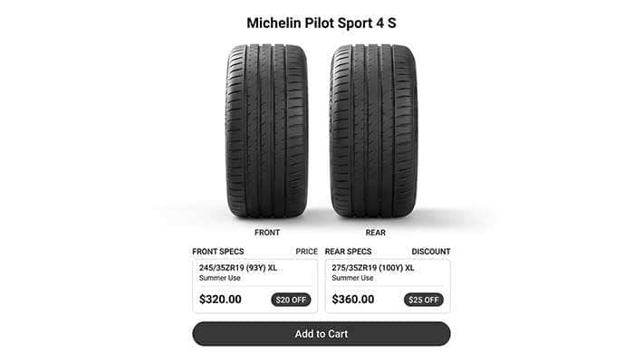Michelin Pilot Sport 4 S tire product page showing front and rear tire specs, prices, and discounts for summer use