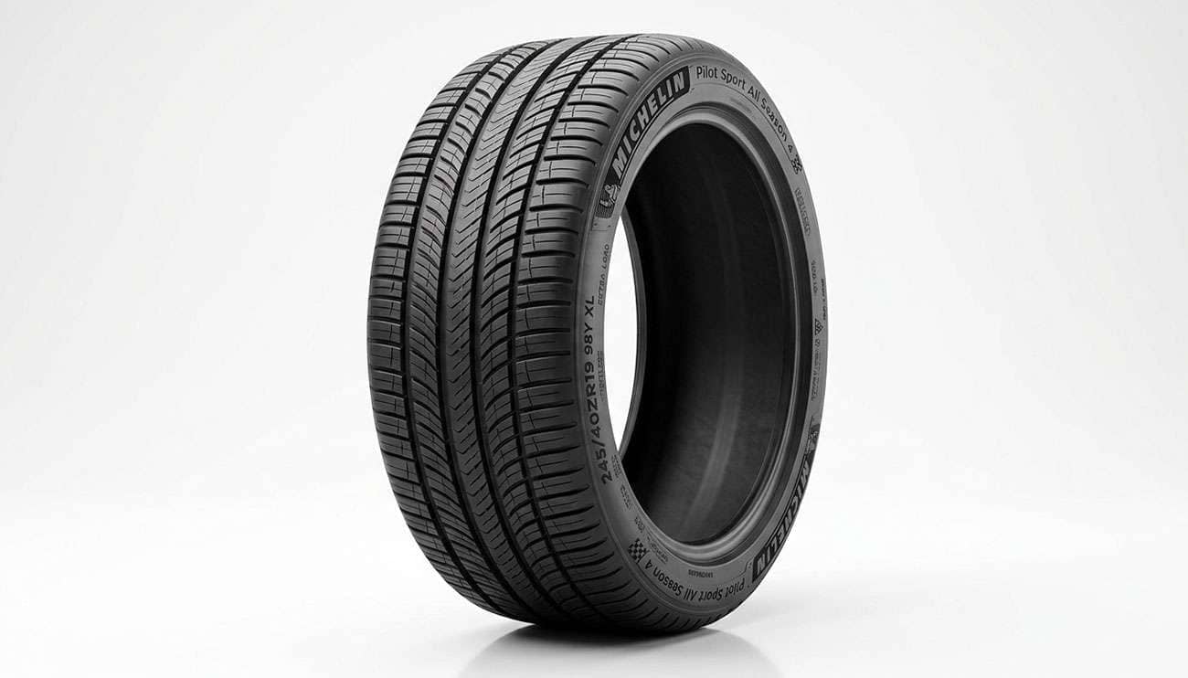 Michelin Pilot Sport All Season 4 ultra high performance all-season tire on a clean white backdrop showing asymmetric tread and sidewall lettering
