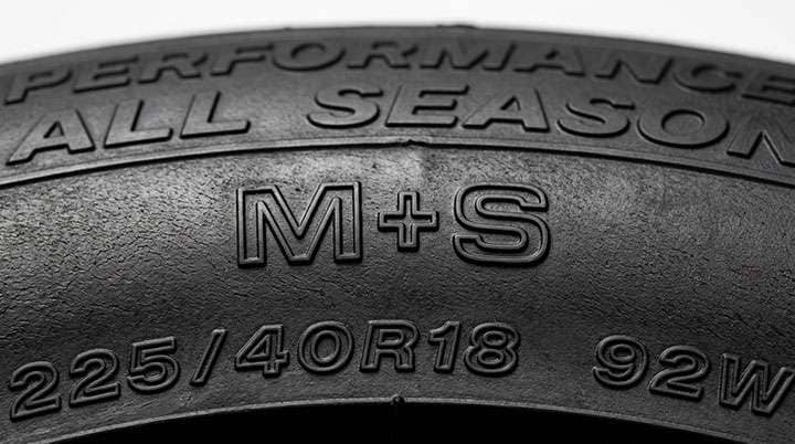Close-up of a performance tire sidewall showing the M+S branding stamped into the rubber