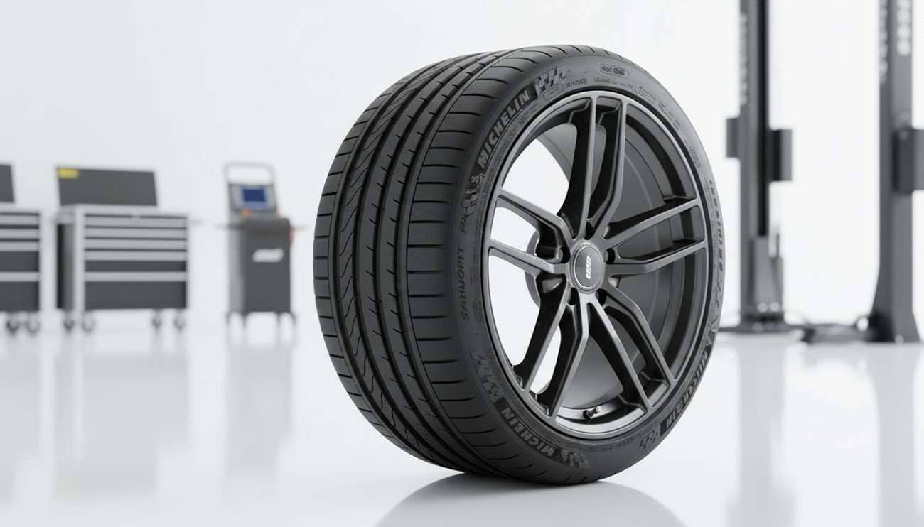 Close-up of premium Michelin tire in well-lit garage highlighting quality tire tread and wheel design