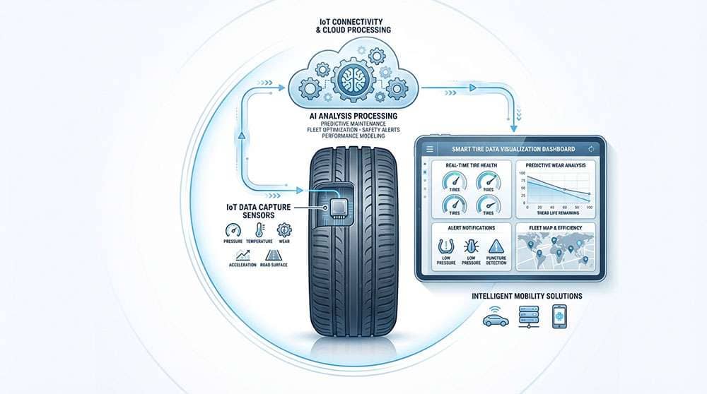 Infographic showing Michelin smart tire technology with IoT data capture AI analysis and data visualization features