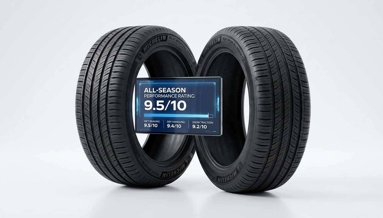 Two Michelin tires side by side with digital performance rating display showing testing results