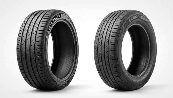 Side-by-side comparison of Michelin tires versus budget brand tires with logos and VS graphic
