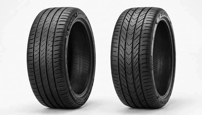 Comparison image showing Michelin tires versus competitor tires with logos and tire designs side by side