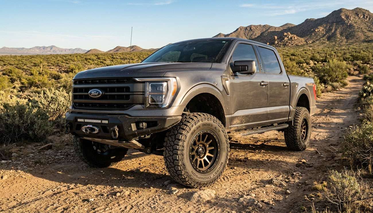 Mickey Thompson Baja Boss A/T tires mounted on a lifted pickup truck parked on a dirt trail